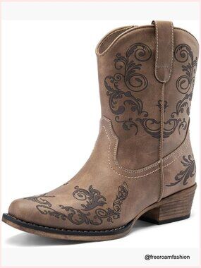 Western Ankle Boots Low Chunky Heel Square Toe Cowboy Booties